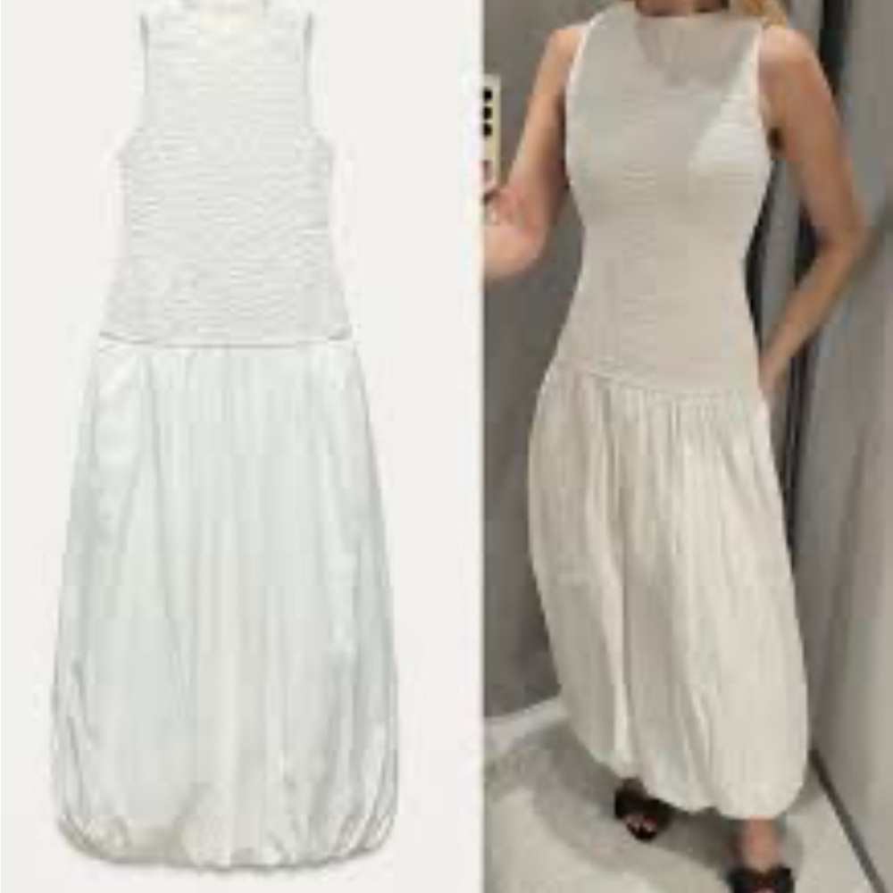 ZARA- Elegant White Smocked Balloon Dress